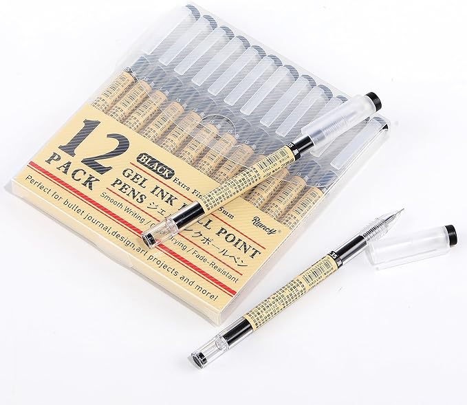 RIANCY Black Gel Ink Pens, 0.35mm Extra Fine Point Tip Smooth Writing Pens Ballpoint, Japanese Style Stationery No Smudge Rollerball Pens, Quick Drying for Journaling Office School Supplies 12pcs