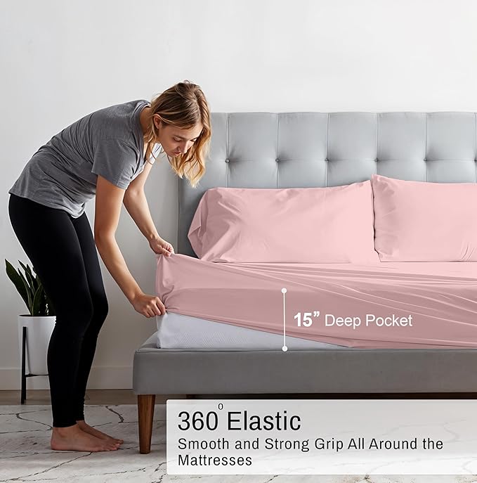 RUVANTI 100% Organic Cotton Sheets King Size, Percale Weave, GOTS Certified, 4-Piece Set, Deep Pocket 15", Crisp & Breathable, Soft Durable Bedding, Sábanas Algodón Orgánico – Peach Skin
