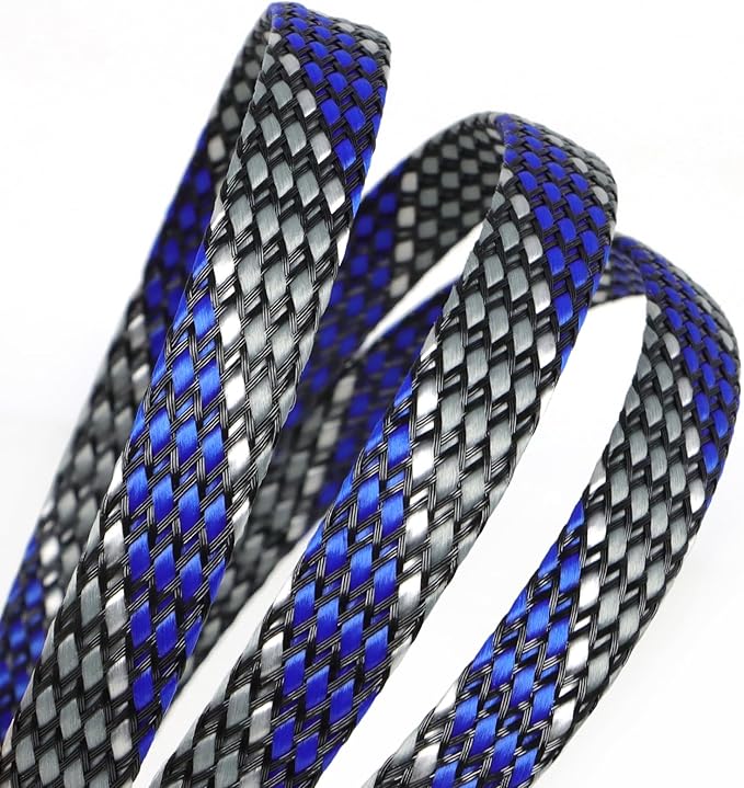 Braided Expandable Cable Sleeve, 25ft PP Cotton and PET Braided Cable Management, Flexible Mesh Wire Loom and Cable Protector for TV, Computer, Home Theater, Automotive (Blue White Grey, 5/16")