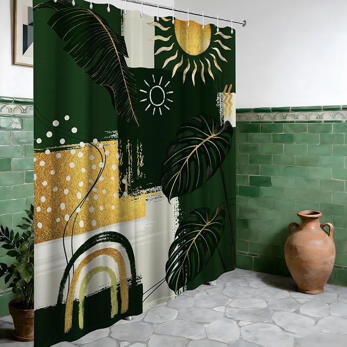 Green and Gold Mid Century Modern Shower Curtain Bohemian Abstract Shower Curtains for Bathroom Decor Sets, Waterproof Cloth Fabric with Hooks, 70x78 Inch