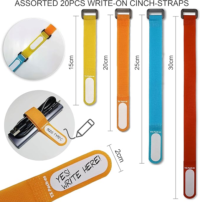 Multi-Purpose Cinch Straps (Assorted-Color 20 Pack). Reusable Waterproof Hook and Loop Cable Tie, Write-on Label for Easy Cord & Stuff Indentification, Organization & Management, by TX Pack-es