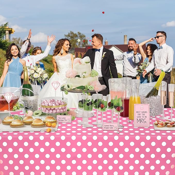 WNINK 2 Pack Pink and White Polka Dot Tablecloths – Pink Disposable Plastic Waterproof Table Cover, 54" x 108", for Birthday, Wedding, Bridal Shower, Bachelor, Pink Girl Party, and Picnic