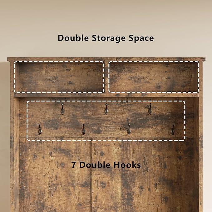 Aiho Entryway Hall Tree with Bench and Storage, 3-in-1 Hall Tree with Coat Rack, Adjustable Shoe Bench, 2-Tier top Storage, for Hallway, Entryway, Bedroom, Rustic Brown