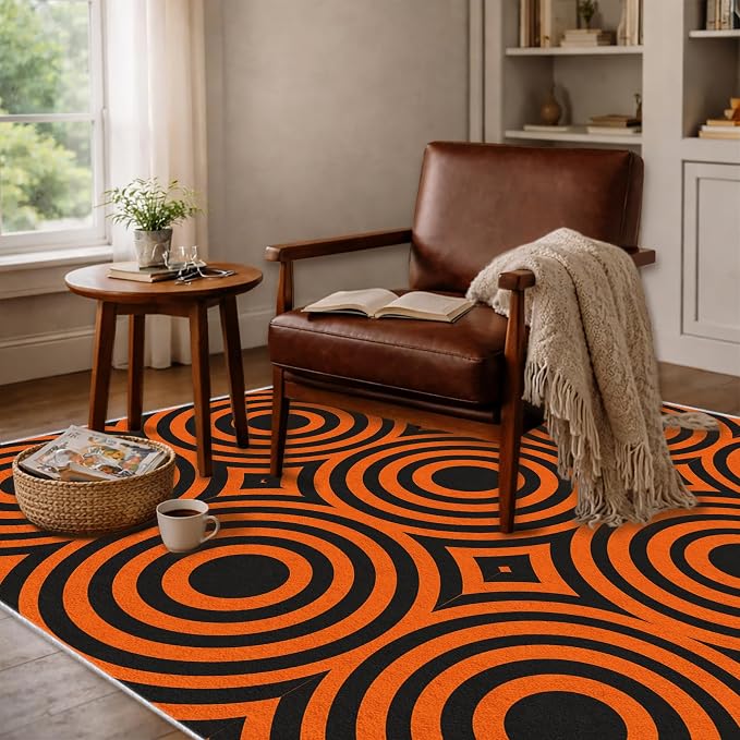 Retro Rings Area Rug 8x10, Optical Geometric Circle Rug, Bold Retro Pattern Carpet for Living Room Bedroom, Non Slip Soft Area Rug