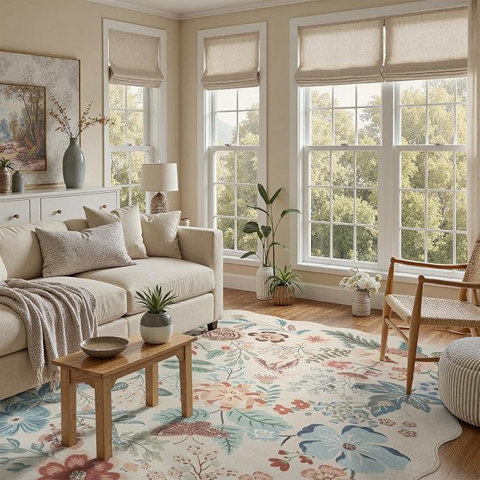 DCX Beige Floral Rug 4x6, Washable Beige Rug for Living Room, Kid & Pet Friendly with Rubber Back Non Slip, Soft Low Pile Carpet, Stain Resistant Rug for Bedroom, Nursery, Dining Room
