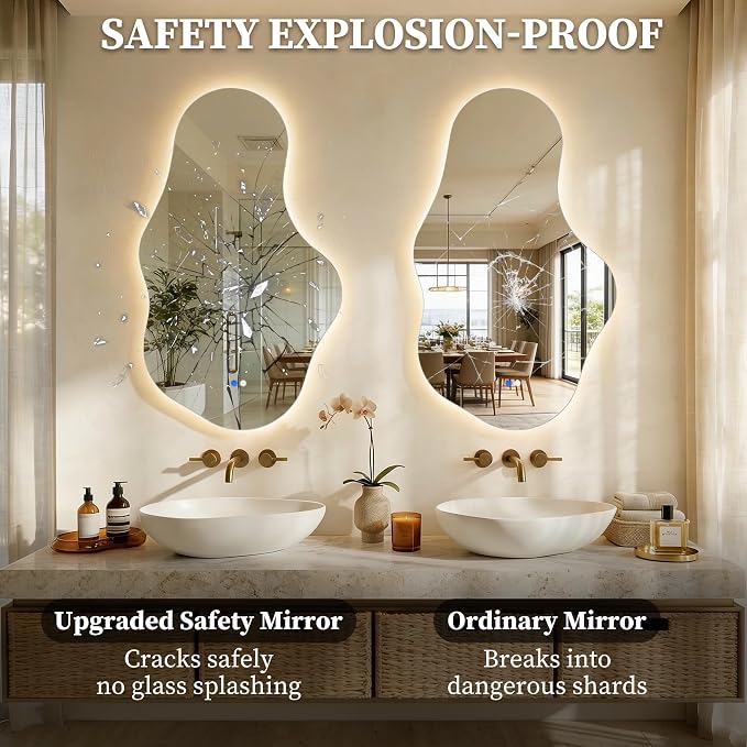Irregular LED Bathroom Mirror with Lights, Backlit Vanity Mirror for Wall, Asymmetrical Wall Mirror, 3 Color Dimmable Anti-Fog Smart, Decorative Mirror for Bathroom, Entryway(24″ x 40″, 2 Pack)