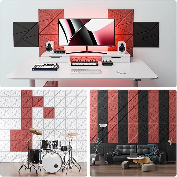 12 Pack Acoustic Panels with Self-Adhesive, 12"X 12"X 0.4"Sound Proof Foam Panels, Sound Panels High Density, Soundproof Wall Panels for Home Studio Office Red