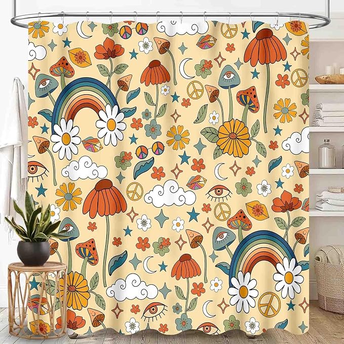 70s Mushroom Shower Curtain, Retro Groovy Hippie Funky Boho Rustic Cute Vintage Colorful Botanical Plants Pattern Orange Waterproof Fabric Bathroom Shower Curtain Set with Hooks, 72"x78" Inch