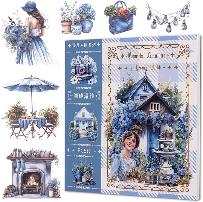 YagCu Garden Junk Journal Stickers, 50 Sheets Washi Journaling Sticker Book, Scrapbook Supplies, Watercolor Scrapbooking for Adults, Blue Decorative Ephemera Arts Craft
