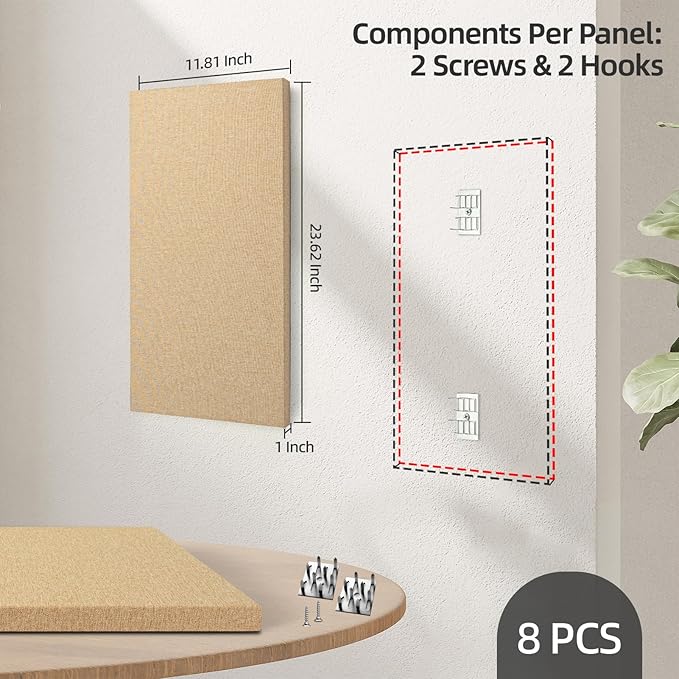 Art3dwallpanels 8 PCS Acoustic Panels, 24''x12'' Fabric Soundproof Wall Panels, Easy-Hook Mounting Sound Absorbing Panels for Studios, Office, Home Theater, Camel