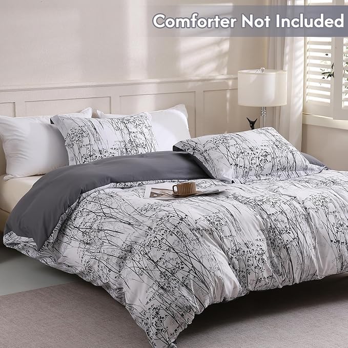 LONAVA King Botaincal 3 Pcs Duvet Cover Set, Breathable Soft Microfiber Deep Grey Lining Comforter Cover with Zipper Closure, and 2 Anti-Pilling, Fade Resistant Pillowcases, Winter Forest
