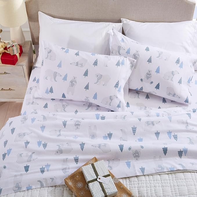 Market & Place 100% Turkish Cotton Flannel Sheet Set | 4 Piece Deep Pocket Novelty Cozy Winter Bed Sheets | Double Brushed for Extra Softness & Comfort | Alpine Collection (King, Polar Bears)