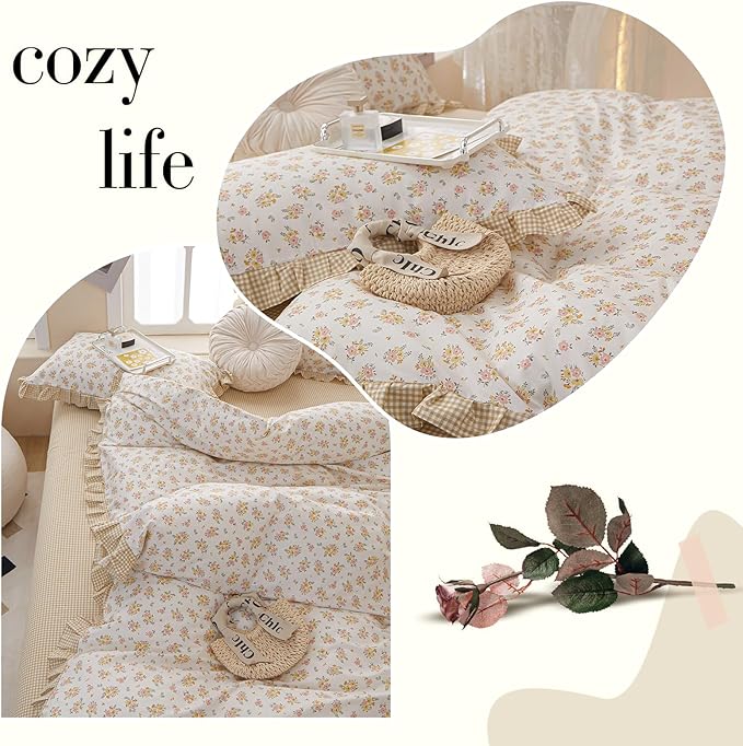 French Style Ruffle Floral Comforter Set Twin XL Vintage Garden Floral Bedding Comforter Reversible Yellow Plaid Bedding Set Rose Flowers Botanical Comforter Set with 2 Pillowcases for All Season
