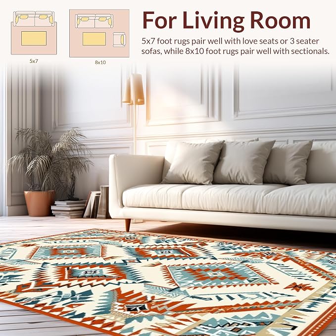 Flatwoven High Traffic Area Rug 6x9, Southwestern Geo Diamond Tribal Weave, Non Slip, Stain Resistant, Washable Area Rugs for Living Room, Bedroom (Beige, 6x9)