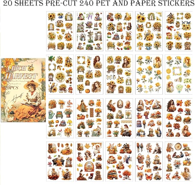 Auguro Scrapbook Stickers 20 Sheets 240 Pre-Cut Washi Stickers for Journaling PET Transparent Book Sticker Sunflower Sticker Decorative or DIY Paper Crafts, Arts and Crafting Projects
