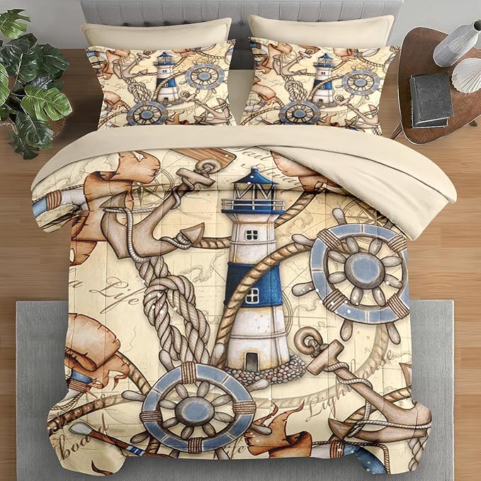 Comforter Set Queen Size, Vintage Nautical Lighthouse Map 7 Pcs Bedding for Kids and Adults, Retro Anchor Beige Bed Sheet Sets with Fitted Sheet 2 Pillowcase & 2 Sham for Bedroom Bed Decor