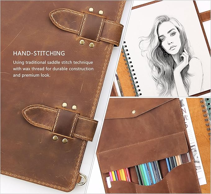 Robrasim Handmade Leather Sketchbook Cover, Artist Sketch Pad Holder for 11"X14" Sketchbook, Drawing Book and Pencil Case, Journal Notebook Portfolio with Shoulder Strap, Artist Gifts, Brown