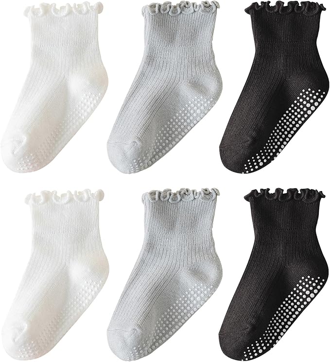 6 Pairs Toddler Ruffle Socks for Girls Baby Grip Socks Non Slip Socks Cute Grippy Frilly