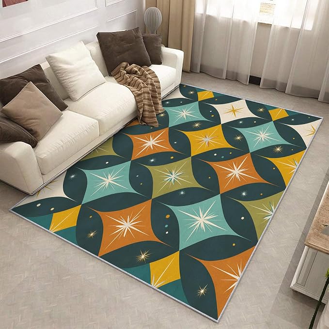 Mid Century Modern Rugs for Bedroom 7x9 ft, MCM Atomic Area Rugs for Living Room, Washable Non Slip Low Pile Abstract Geometric Carpet, Home Decor PF-P 107