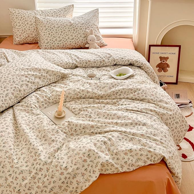 EAVD Garden Style Small Floral Print Duvet Cover Twin Soft Cotton Chic Shabby Cute Floral Bedding Set for Girls with 2 Pillowcases Fresh Botanical Duvet Cover with Zipper Closure