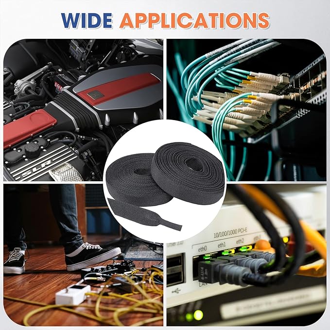 FOURUB 2:1 Heat shrinkable Braided Sleeving Fabric Wire Loom High Temp Heat Shrink Wiring Harness Abrasion Protector Cable Sleeve(3/8"-34ft)