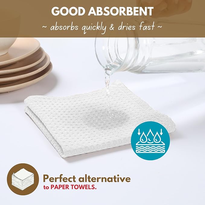 Native Fab Waffle 12 Pack Dish Cloths - 100% Cotton, Soft, Absorbent, Quick Drying, Washable Towels for All Cleaning, Cooking & Baking - Ideal for Home, BBQ, Hotels, Bars - 12x12 Inches - White
