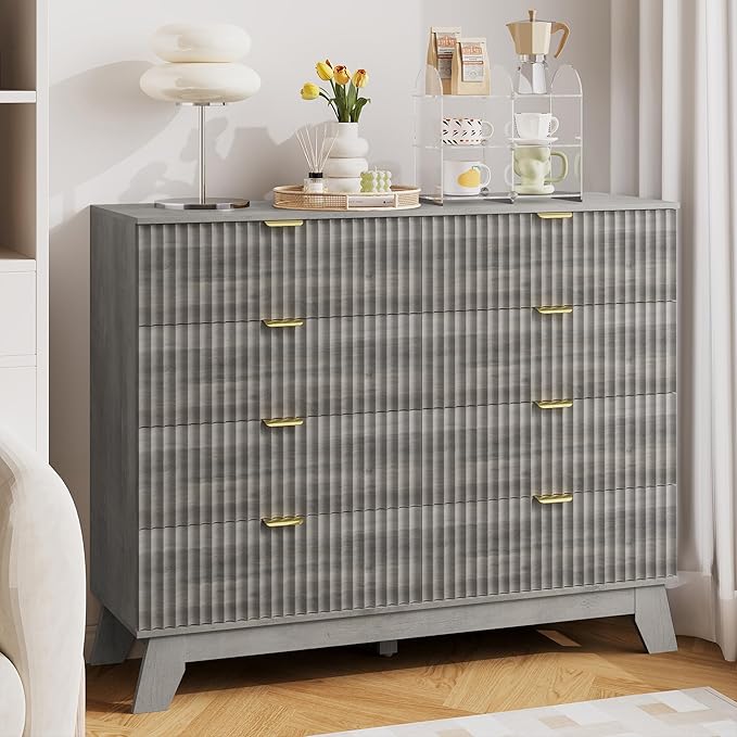 Fluted Dresser for Bedroom, 8 Drawer Dressers & Chest of Drawers, Mid Century Modern Dresser for Closet Boho Bedroom Furniture, Nature Wood Chest of Drawers Storage Organizer for Living Room,Grey