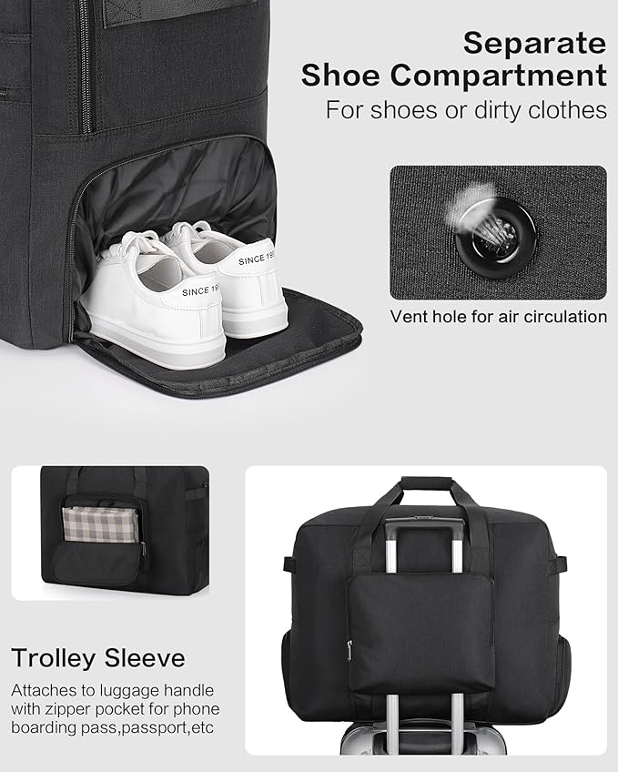 100L Foldable Large Travel Duffle Bag for Men and Women, Packable Duffel Bags with Shoe Compartment, Water Repellent & Tear Resistant (Black)