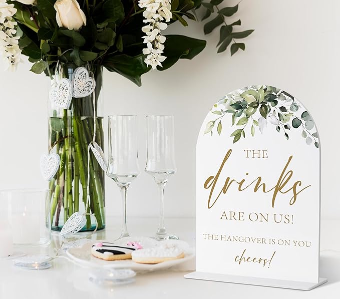 Wedding Bar Sign, Greenery Gold Bridal Shower Decorations, Drink Signs for Party, Marriage Signs for Ceremony and Reception, Engagement Decor, Wedding Table Acrylic Decor, Bachelorette Favors - 35