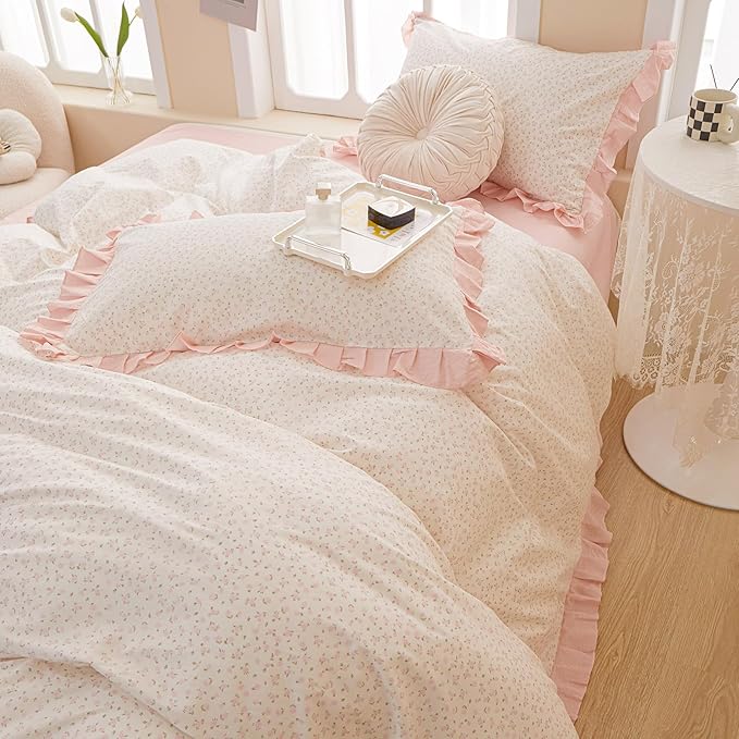 Pink Floral Duvet Cover Queen Chic Flower Print Ruffle Duvet Cover Cotton Lace Comforter Cover Country Style Floral Bedding Set Girls Ruffle Comforter Cover Flower Queen Duvet Cover with 2 Pillowcases