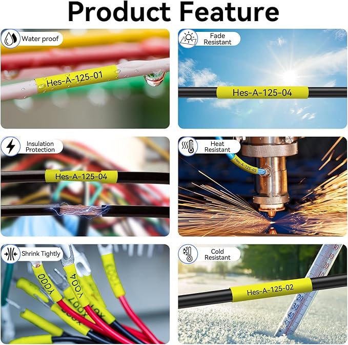 4 Pack Compatible for P-Touch HSe-611 HSe611 HS-611 HS611 Heat Shrink Label Tube 5.8mm 0.23'' Black on Yellow Shrink Tubing Wire Cable Tape for Ptouch PT-D400 H300 E500 D600 E300 E800W H75 Printers
