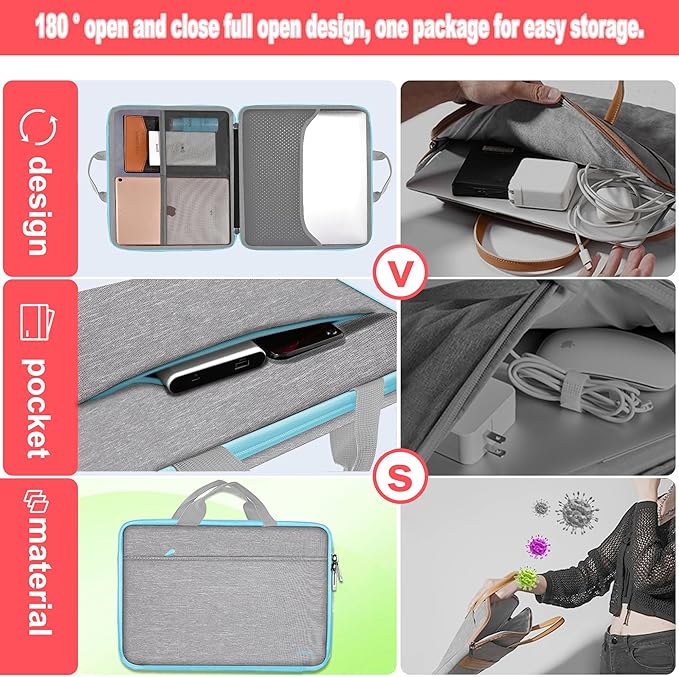 Hseok Laptop Case 13.3-14 inch Briefcase Handbag, Water-Resistant and Shockproof Computer Sleeve Compatible with MacBook Pro 14", Mac Air/Pro 13.3" and 13"-14" Notebooks Chromebooks,Light Gray-Blue