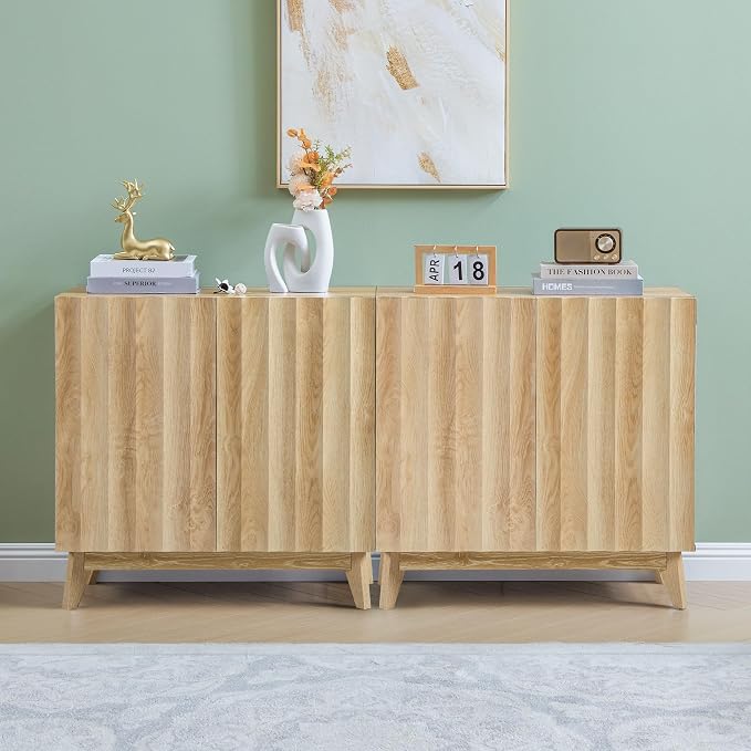 Bifins Sideboard Buffet Cabinet with Storage Set of 2, 61.4" Mid Century Modern Fluted Storage Cabinet with Doors & Adjustable Shelves for Living Room,Kitchen,Entryway (Natural 2pcs)