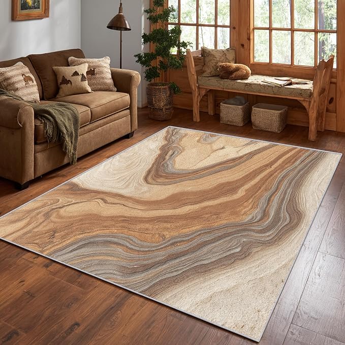 Beige Marble Streak Area Rug, Brown Gray Abstract Pattern Carpet, Washable Non Slip Low Pile Soft Thin, Living Room Bedroom Home Decor Mat 6x9ft