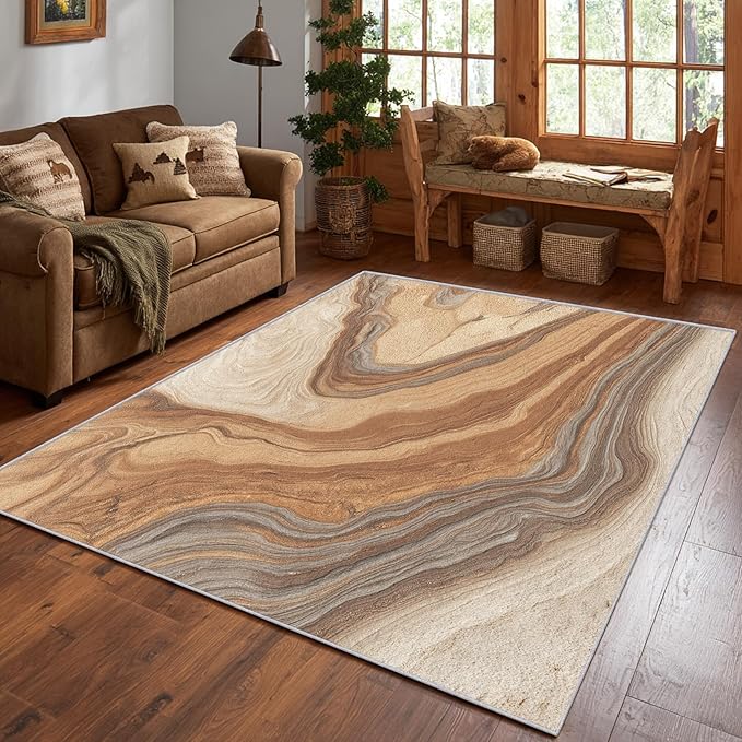 Beige Marble Streak Area Rug, Brown Gray Abstract Pattern Carpet, Washable Non Slip Low Pile Soft Thin, Living Room Bedroom Home Decor Mat 5x6ft