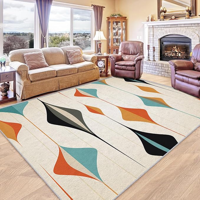Mid Century Modern Rug 5x6, Washable Retro Geometric Rugs for Living Room Bedroom, Minimalist Area Rug for Home Decor, Non Slip Backing Floor Carpet with Gripper - 5 x 6 ft
