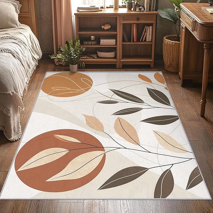 5x6 Abstract Leaves Rugs for Bedroom Decor, Washable Mid Century Modern Pattern Area Rug, Living Room Home Decoration, Non Slip Soft Thin, Modern Botanical Decor Carpet PF-P 117