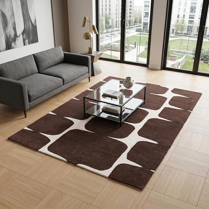 Restoration and Renovation Modern Wool Area Rug - Contemporary Abstract Geometric Design, Thick & Soft Hand-Tufted Carpet - Ideal for Indoor Decor in Living Room, Bedroom (Chocolate Brown, 5' Round)