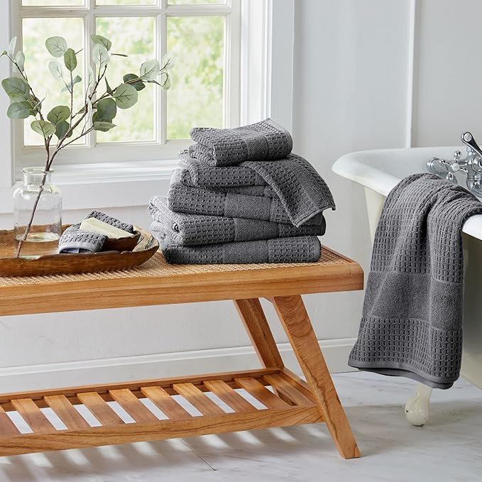 Market & Place 100% Cotton Super Soft Luxury Towel Set | Quick-Dry and Highly Absorbent | Waffle Textured | 550 GSM | 2 Bath Towels, 2 Hand Towels, & 2 Washcloths | Harper Collection (Dark Grey)