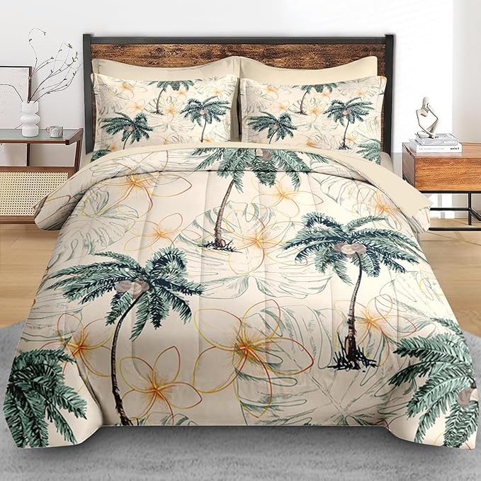 Comforter Set King Size, Tropical Botanical Palm Summer 7 Pcs Bedding for Kids and Adults, Hawaiian Coconut Tree Bed Sheet Sets with Fitted Sheet 2 Pillowcase & 2 Sham for Bedroom Bed Decor