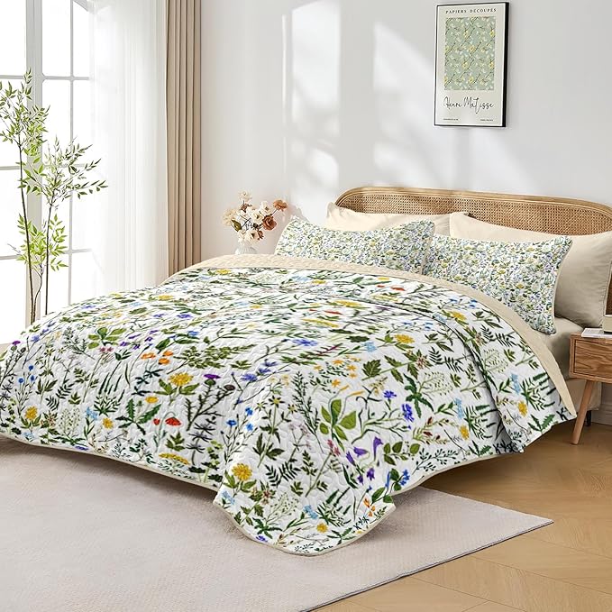 Quilt Set King Size, Garden Floral 3 Pcs Soft Bed Cover Bedding Set, Country Rustic Farmhouse Lightweight Bedspread Coverlet with 2 Pillow Sham for All Season