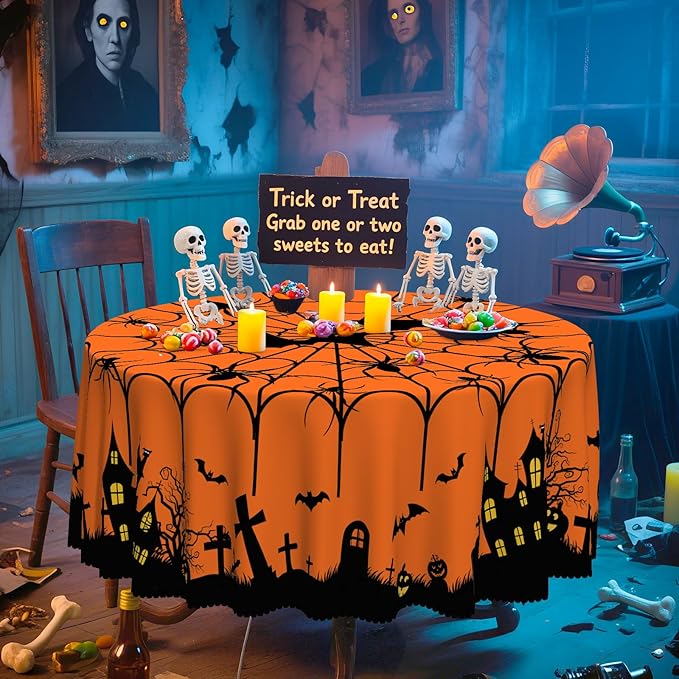 Eikione Round Halloween 60In Tablecloth, Haunted House Decorative Table Cloth, Waterproof and Washable Fabric Table Cover for Party Kitchen Dining Room