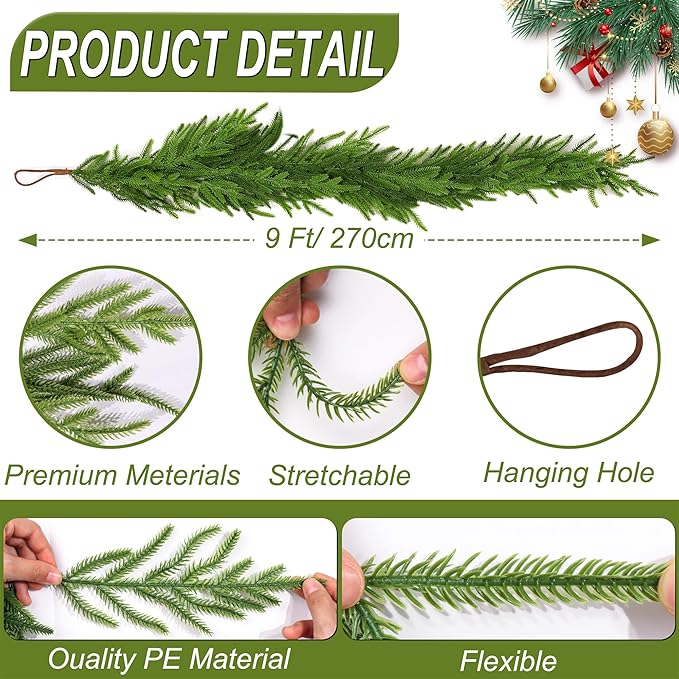 9 Ft Christmas Norfolk Pine Garland Real Touch Artificial Faux Greenery Christmas Garland Decorations for Home Fireplace Mantle Table Stairs Door Indoor Outdoor Holiday Decor