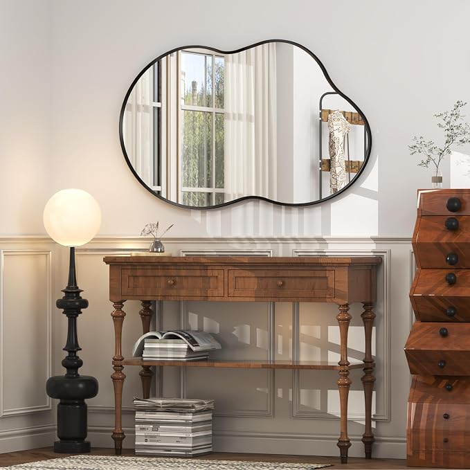 48x27 Black Irregular Wall Mirror, Black Matte Asymmetrical Bathroom Mirror, Decorative Aluminum Frame for Bathroom Bedroom Entryway, Shatterproof, Anti-Rust (Horizontally/Vertically)