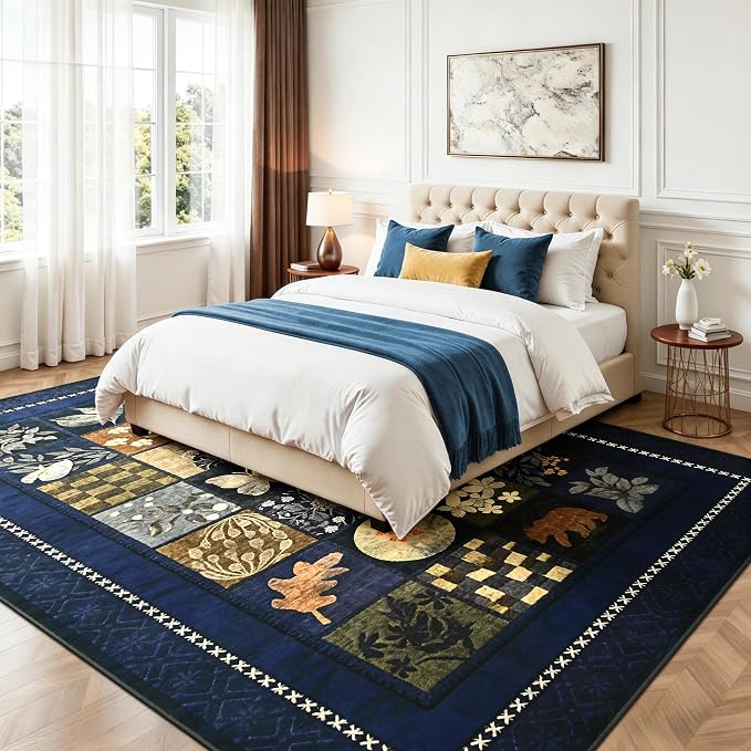 Tepook 8x10 Area Rugs for Living Room, Modern Large Geometric Rug for Bedroom, Washable Patchwork Rug Indoor Non Slip Throw Carpets for Dining Room Office Farmhouse Home Decor, Navy Blue