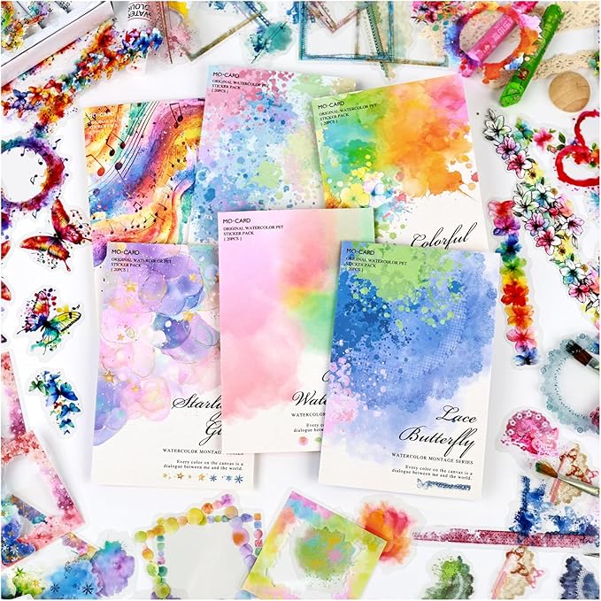 Dwpetzo 120Pcs Watercolor Decorative Stickers for Journaling, 6 Pack Flower Lace Frame Transparent PET Stickers for Scrapbooking, Junk Journal Supplies, Collage, Card Making, Crafts Arts