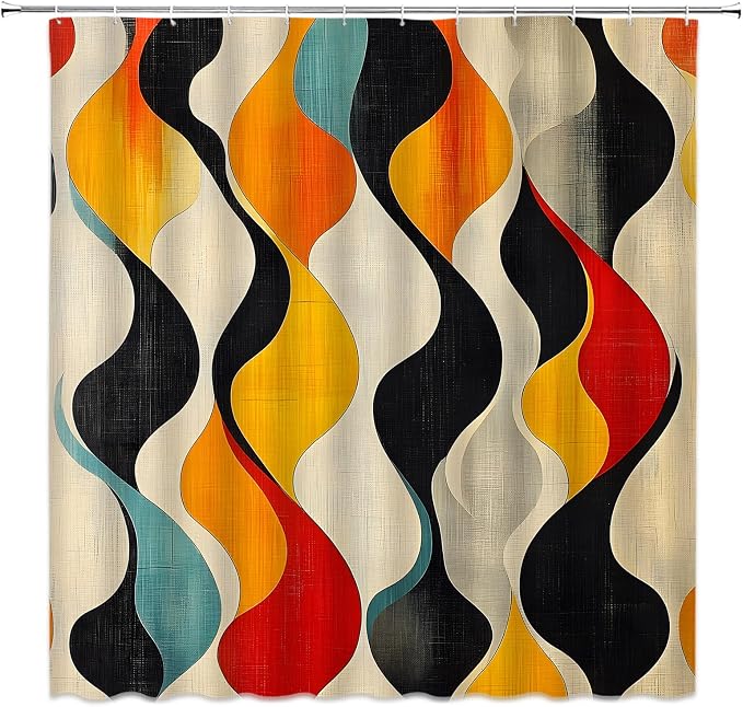 Mid Century Shower Curtain Boho Minimalist Modern Abstract Aesthetic Geometric Striped Atomic Retro Earthy Fabric Bathroom Decor Set with Hooks(70" Wx96 H)