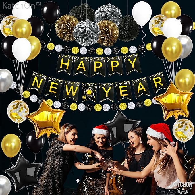 KatchOn, New Years Eve Party Supplies 2026 - Big, Pack of 70 | Happy New Years Decorations 2026 | Hanging Swirls, PomPoms, NYE Decorations 2026 | Eve Decorations