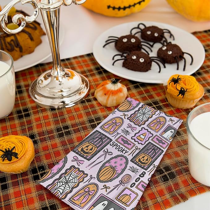 Pink Halloween Kitchen Towels, for Women Girls Dish Tea Towels for Kitchen Decor, Preppy Gothic Ghost Pumpkin Decorative Hand Towel for Bathroom, 16x24 Inches