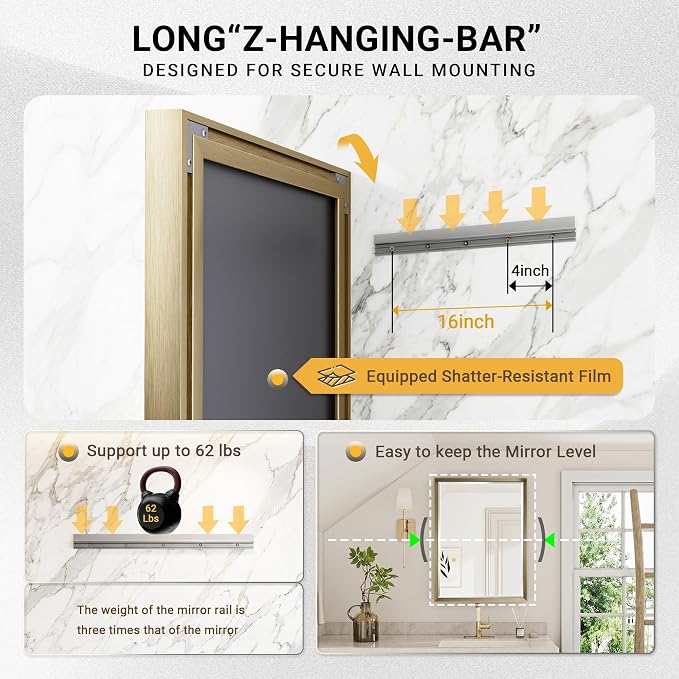Gold Bathroom Mirror, 24x32 Brushed Gold Bathroom Mirror Beveled Edge, Gold Framed Rectangle Bathroom Vanity Mirror, Anti-Rust Brushed Brass Metal Frame Wall Mirror Vertical/Horizontal
